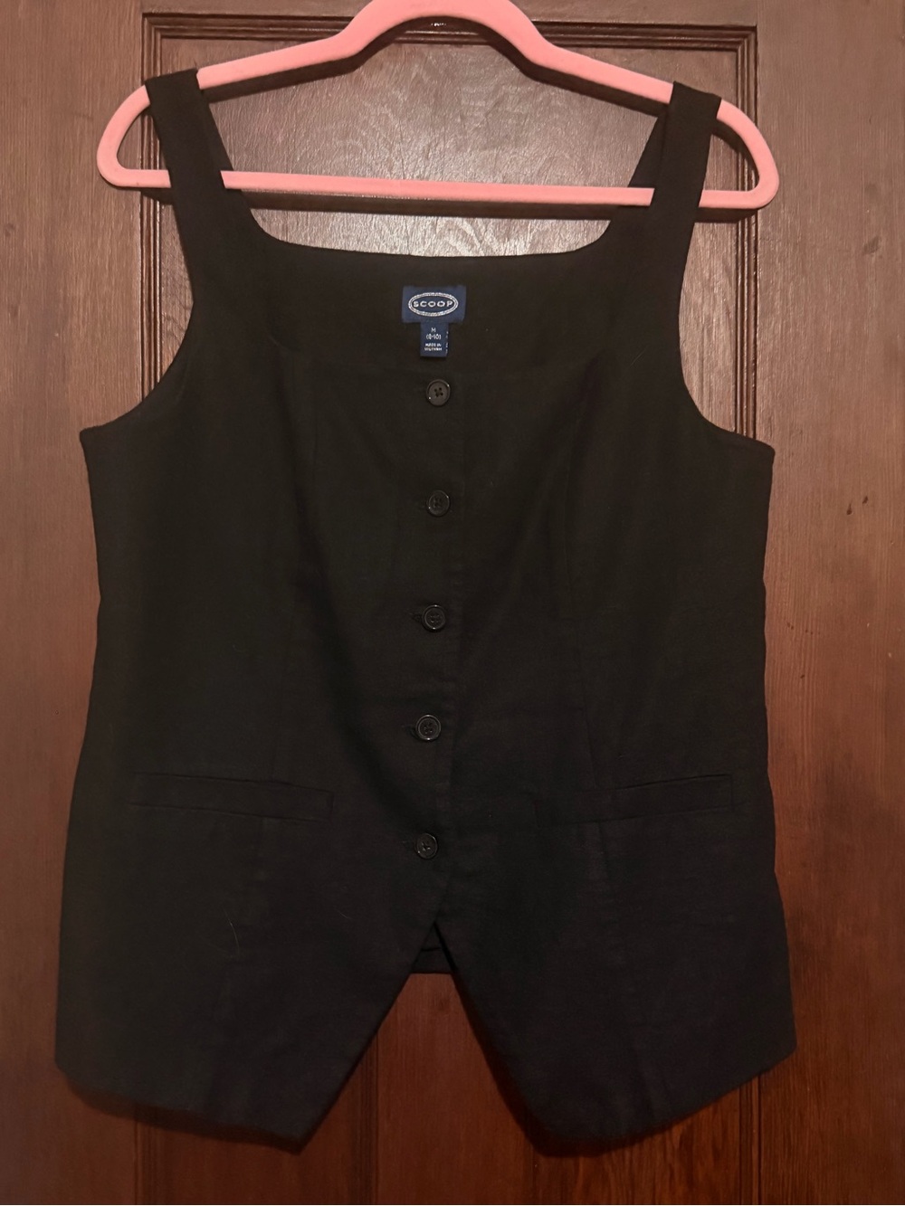 Black Button-Front Linen Blend Vest Blouse